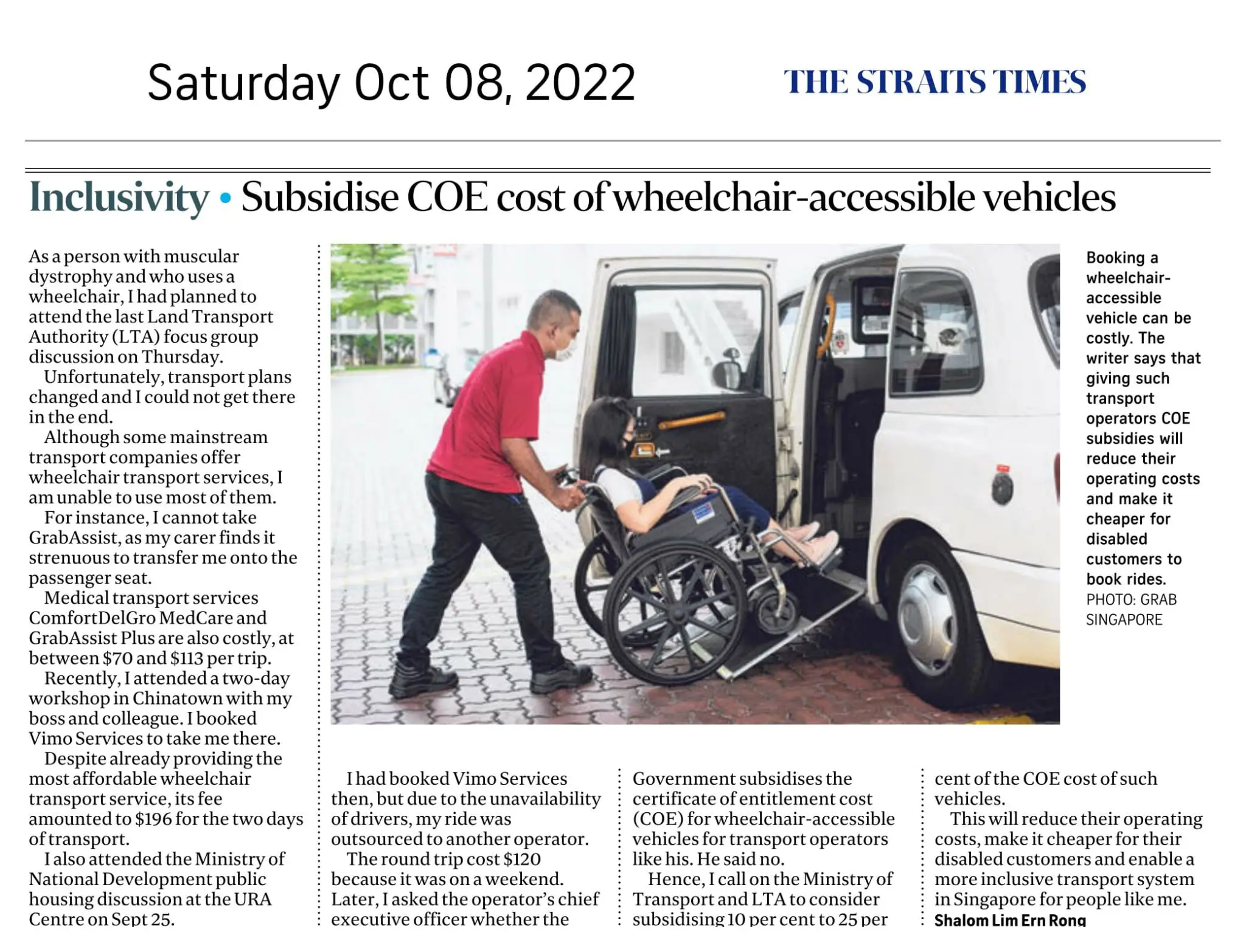 the straits times 8 oct 2022 subsidise coe cost of wheelchair accessible vehicles